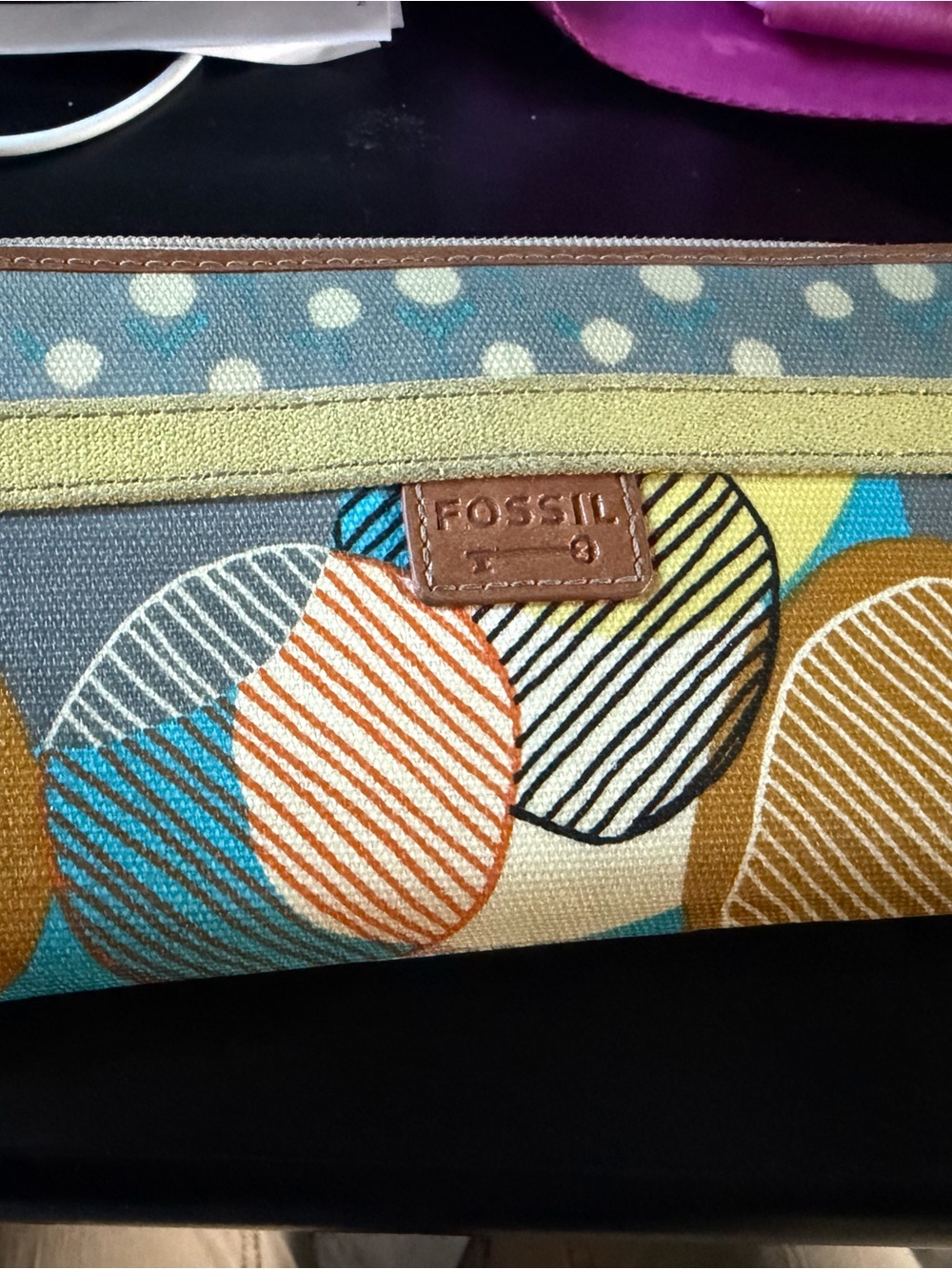 Fossil Multicolor Circle Print Wristlet - Teal, Orange, Yellow, Brown